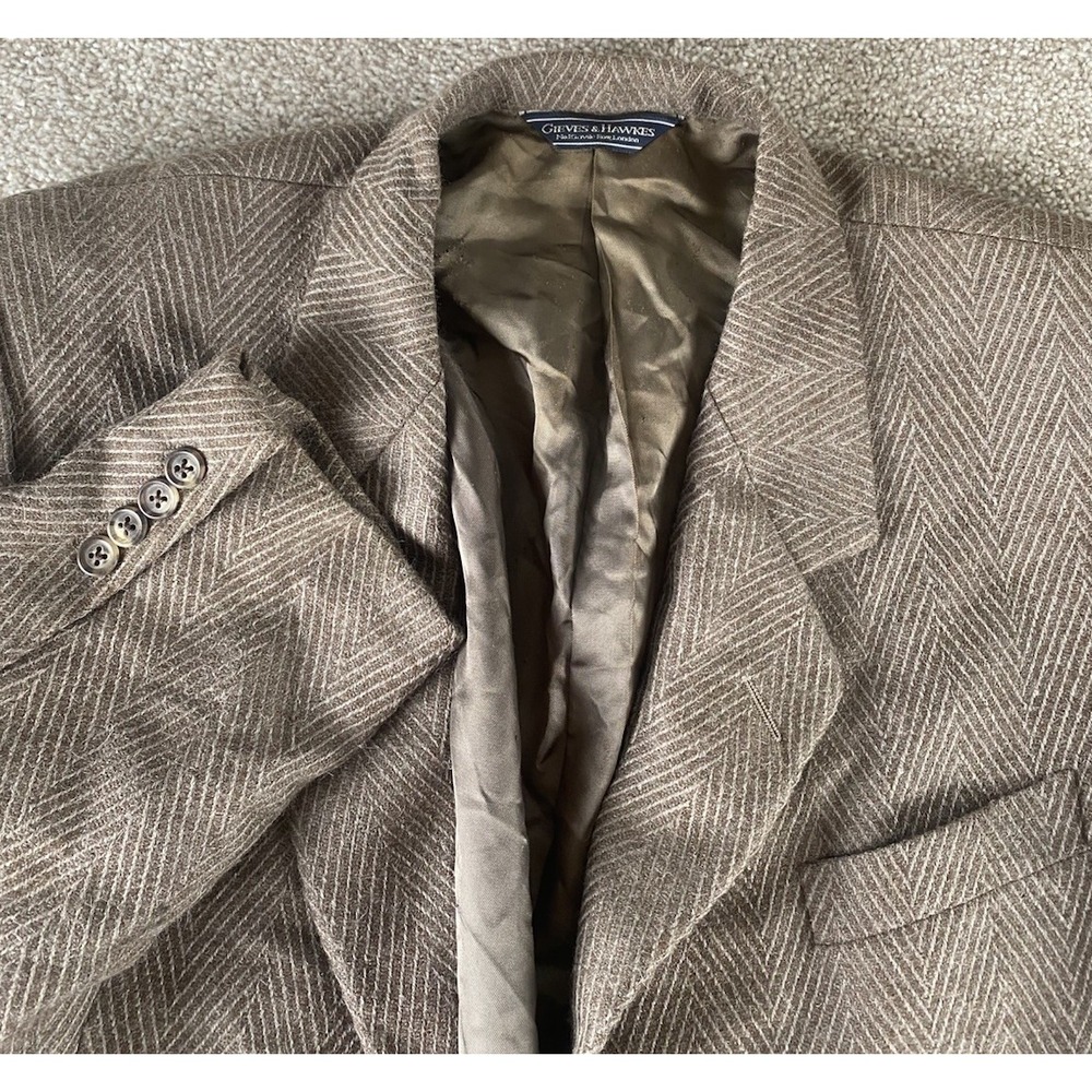 Gieves & Hawkes Of Savile Row Herringbone Brown Blazer Mens 42L Alpaca/Wool Read